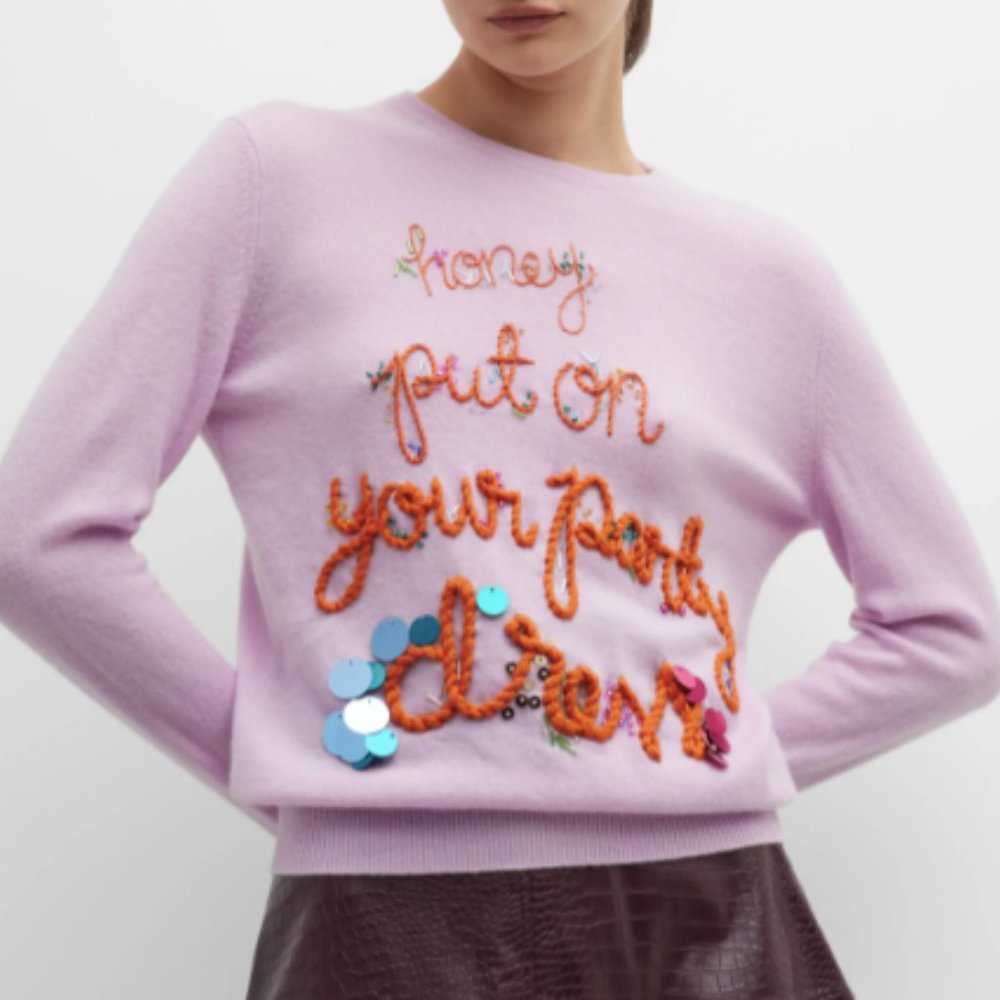LINGUA FRANCA Tom Petty Honey Put On Your Party Dress Hand-Embroidered Sweater